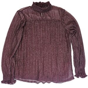 Adrianna Papell Top Womens Small Red Metallic Bell Sleeve Sheer Blouse Party‎